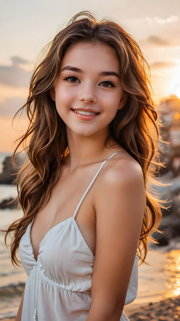 a beautifully drawn (((face of a young cute happy teen girl))) that exudes joy and happiness, ((brown wavy long soft hair) with its features subtly outlined by the (((sharp focus on her face))), and a soft, dreamlike glow that gives off a sense of pure cuteness. She is dressed in a (((low-cut tube top))), accentuating her figure and framing her face in a (((full-body portrait))), set against a backdrop of a vibrant sunset scene