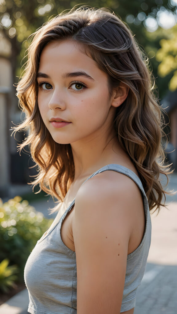 a beautifully drawn (((masterpiece portrait))) featuring a teen girl with soft, wavy hair and a grey, short cropped tank top, with a perfectly curved body and a side profile view