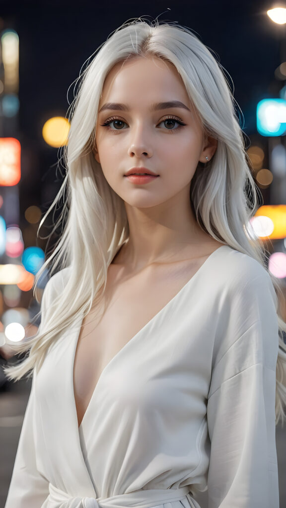 a beautifully drawn (((silver-skinned girl))) with flowing, (((straight platinum hair))), dressed in a timelessly classic style in (((white clothes)))