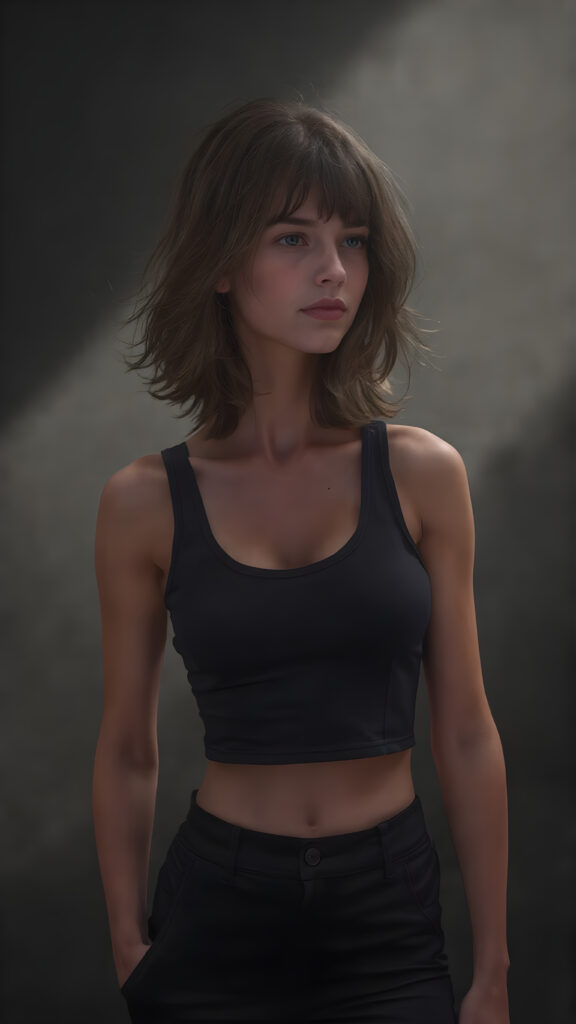 a beautifully drawn (((realistic young teenage girl with flowing, mid-length hair))), intricate details in her face and hands, dressed in a (((form-fitting, sleeveless crop tank top))), featuring a high collar and cuffed sleeves, paired with (((tight, black pants))), all drawn with utmost (advanced resolution and striking contrast), offset by a (dramatic, inky shadow) that accentuates every contour, exuding an air of (serious sophistication) in a side profile portrait