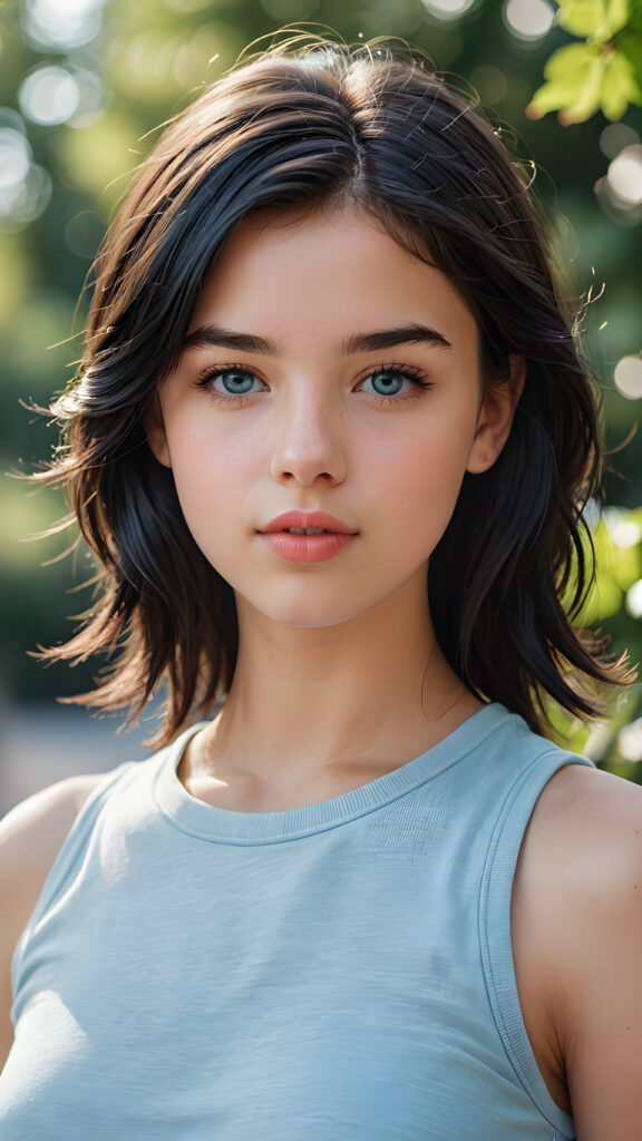 a beautifully drawn (((super realistic illustration))), featuring an (adorable tomboy) ((teenage girl)) with (full, angelic round lips), (black hair), and a (perfect face) with soft, (light blue eyes), short crop top