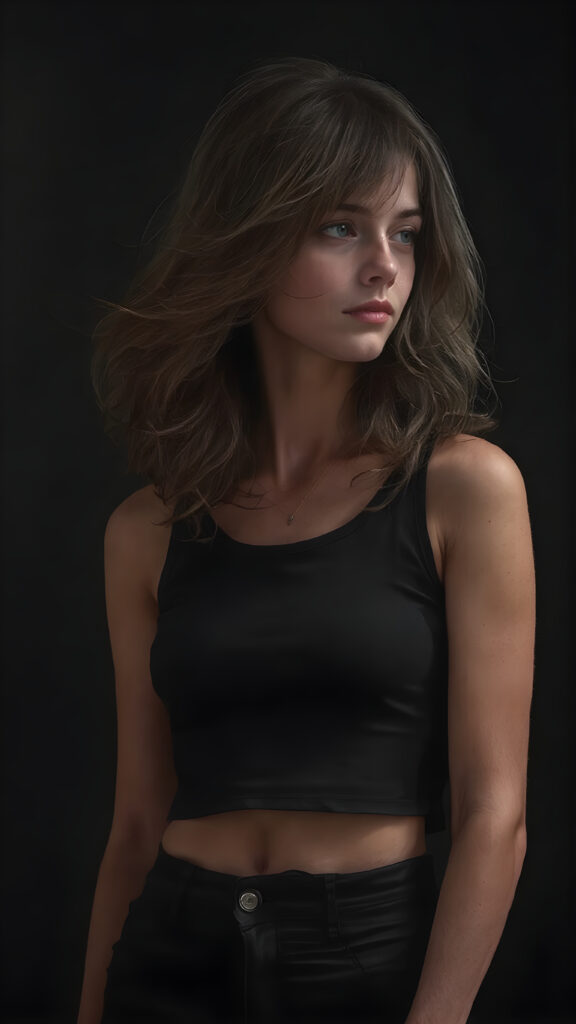 a beautifully drawn (((realistic young teenage girl with flowing, mid-length hair))), intricate details in her face and hands, dressed in a (((form-fitting, sleeveless crop tank top))), featuring a high collar and cuffed sleeves, paired with (((tight, black pants))), all drawn with utmost (advanced resolution and striking contrast), offset by a (dramatic, inky shadow) that accentuates every contour, exuding an air of (serious sophistication) in a side profile portrait