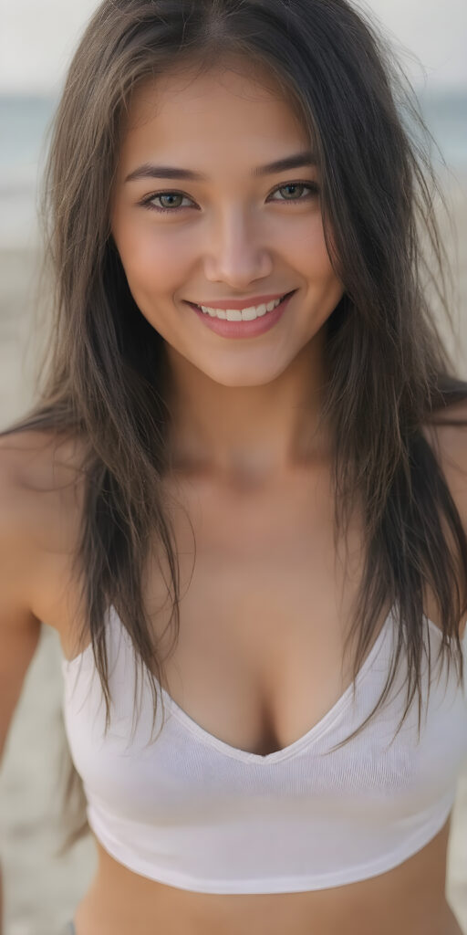 a beautifully (((full body image))), cute young adult girl, with tanned skin, long black straight soft wet hair, on a lonely beach and smiles into the camera, her upper body is in the center, she has a gorgeous body, thin tank top, deep v-neck