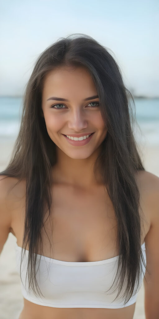 a beautifully (((full body image))), enchanting well busty exotic girl, with tanned skin, long black straight soft hair, on a lonely beach and smiles into the camera, her upper body is in the center, she has a gorgeous body, thin spaghetti tank top, deep v-neck