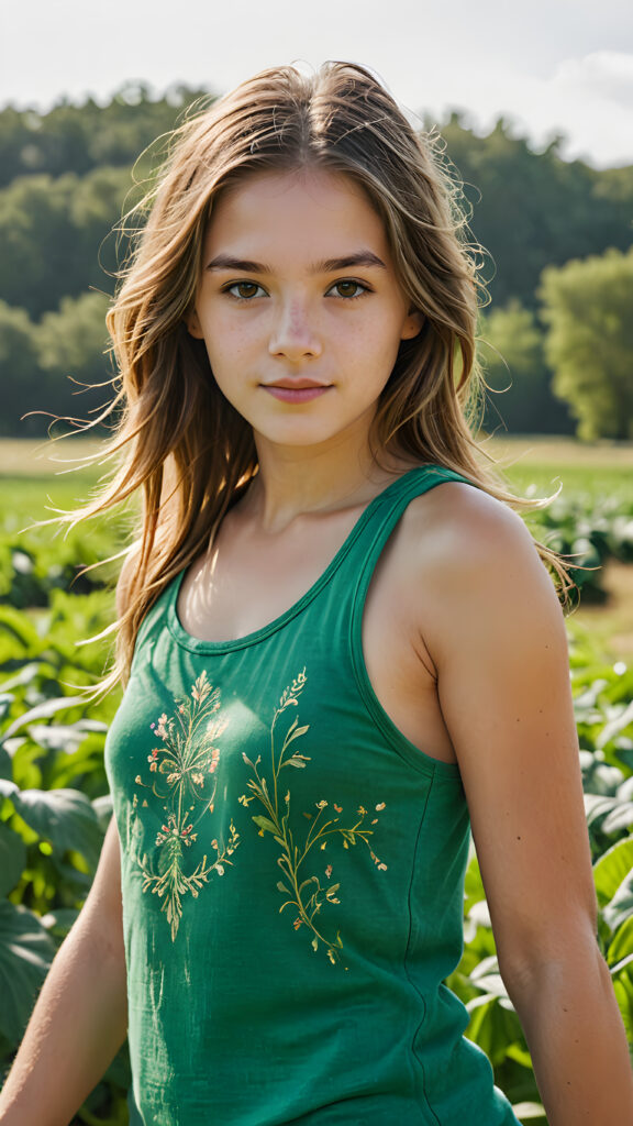 a beautifully illustrated (((farmer teen girl))) with intricate details and vivid colors, dressed in a ((thin yet green tank top)), capturing an air of whimsy and artistic flair, straight long soft hair