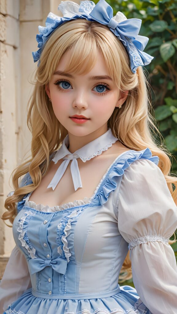 a beautifully photo (((Lolita-style drawing))) featuring a (((young girl))) with blonde hair and blue eyes, dressed in a ((lightly detailed, yet elegant outfit)), looking coquettishly at the viewer, exuding an air of seduction and eliciting an irresistible pull towards her (gorgeously proportioned figure)