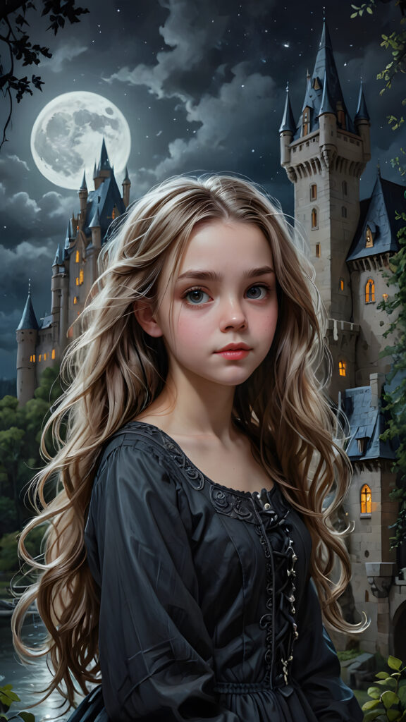 a beautifully photo (((vividly detailed))), featuring a (((teen girl))) with flowing locks, set against a (gothic backdrop of castles and moonlit forests)