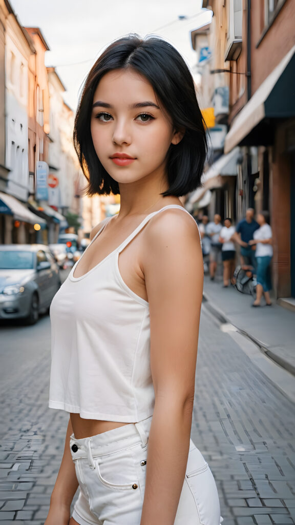 a beautifully portrait (((teen girl))) with softly (straight black hair), full lips, (full body), she wears a white short crop tank top, perfect curved body, in a city