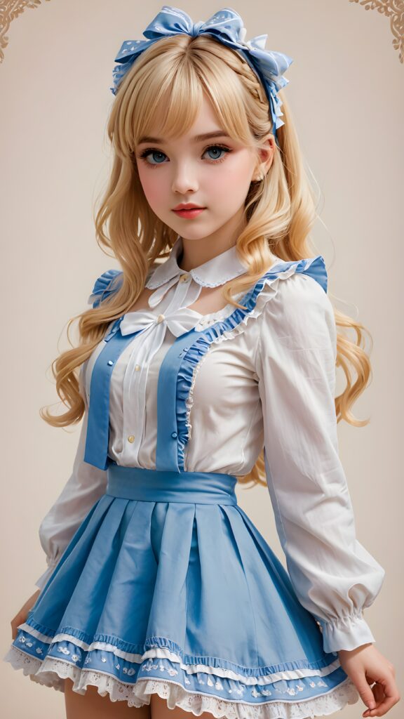 a beautifully photo (((Lolita-style drawing))) featuring a (((young girl))) with blonde hair and blue eyes, dressed in a ((lightly detailed, yet elegant outfit)), looking coquettishly at the viewer, exuding an air of seduction and eliciting an irresistible pull towards her (gorgeously proportioned figure)