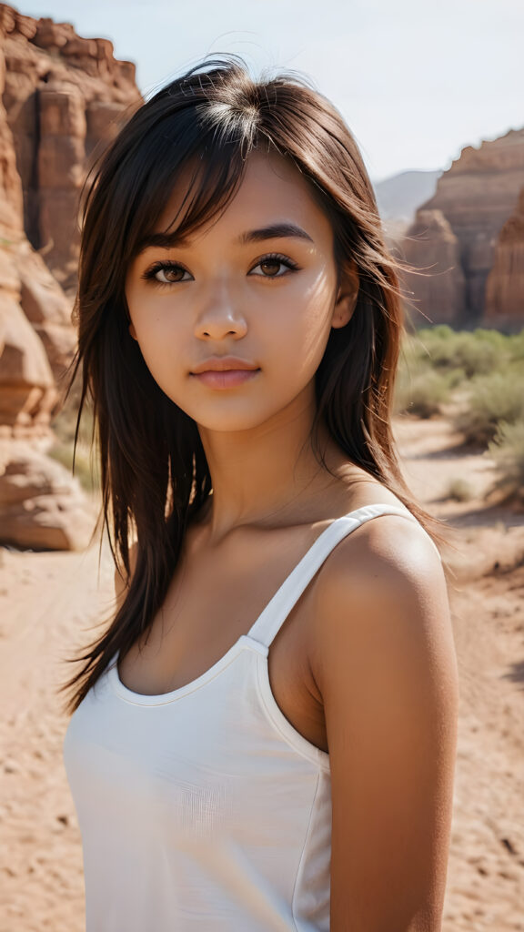 a beautifully portrait (((brown-skinned young teen girl))) with softly (straight black hair) framing her face in side bangs, full lips, (full body), she wears a white tank top, perfect curved body, in a dessert