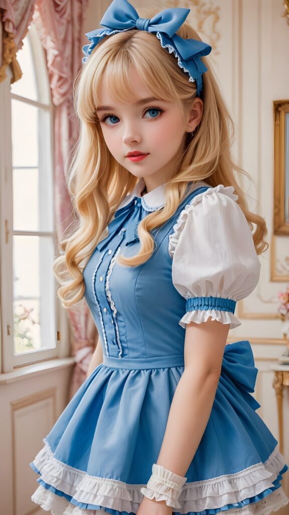 a beautifully photo (((Lolita-style drawing))) featuring a (((young girl))) with blonde hair and blue eyes, dressed in a ((lightly detailed, yet elegant outfit)), looking coquettishly at the viewer, exuding an air of seduction and eliciting an irresistible pull towards her (gorgeously proportioned figure)