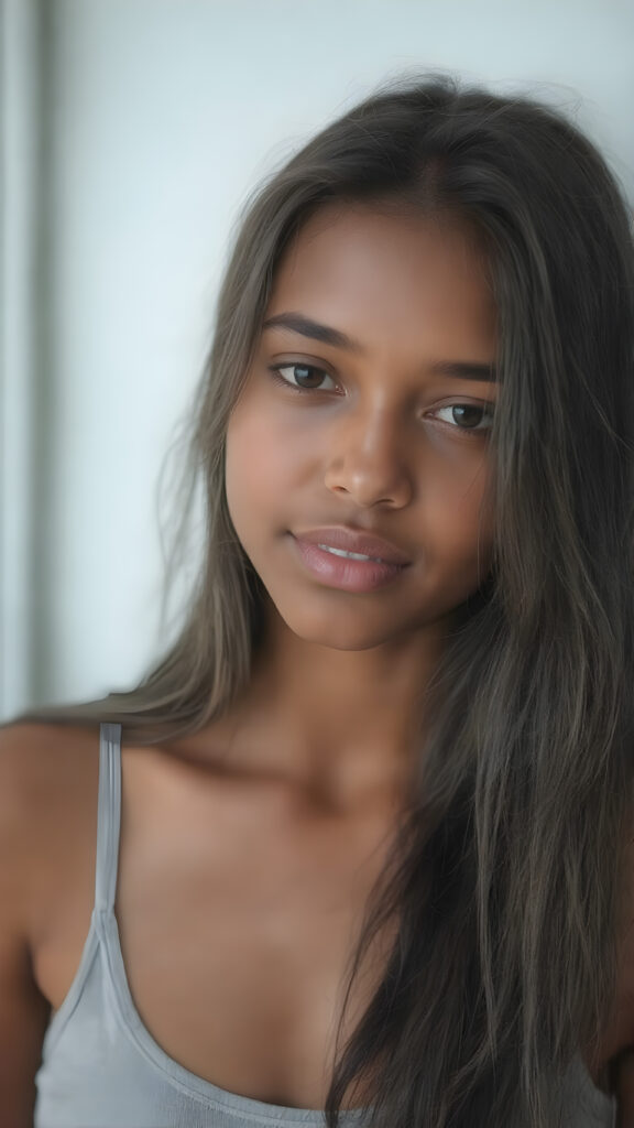 a beautifully realistic 15 years old brown-skinned teen girl, cinematic lights, ((long black flowing hair)), realistic detailed angelic round face, ((realistic detailed eye)) looks very happy at the camera, portrait shot, perfect curved body, ((super short form fitting low cut (tank top))), perfect anatomy