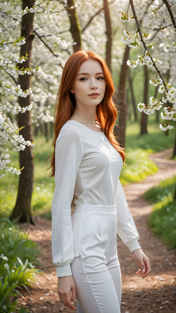 a beautifully realistic (((teen girl))) with flowing, (((straight red hair))), dressed in a timelessly classic style in (((white thin clothes))) ((perfect curved body)) ((stands in a blossoming cherry forest))