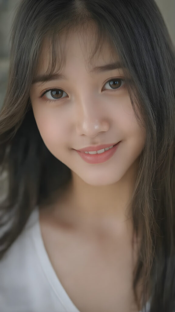 a beautifully realistic and detailed (((upper body portrait))), featuring a (((pretty young Korean teen girl))) with ((long soft straight jet black hair)), which flows gently in the wind, framing her delicate face. Her (((dark eyes))), with their distinctive light brown shade, exude a sense of youthful confidence. She's (((smiling sweetly))), with her lips painted in a natural hue that complements Korea's (tanned skin) and her ((looking directly into the camera)) for a high-quality image. (((She wears a short white t-shirt with a low V-neck))), which emphasizes her ((perfect anatomy)). The overall style is (((K-Drama inspired))), with ((natural-looking skin)) and ((beautiful lighting)), which gives off a sense of (natural confidence).