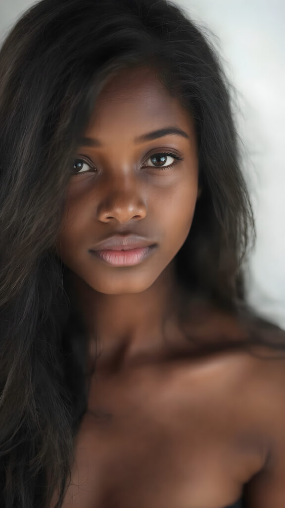 a beautifully realistic 15 years old brown-skinned teen girl, cinematic lights, ((long black flowing hair)), realistic detailed angelic round face, ((realistic detailed eye)) looks very happy at the camera, portrait shot, perfect curved body, ((super short form fitting low cut (tank top))), perfect anatomy