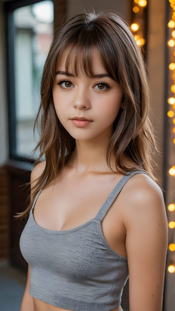 a beautifully realistic, young teen girl, bangs haircut, ((detailed straight soft long flowing hair)), realistic detailed face, full kissable lips, ((realistic detailed amber eye)) looks sadly at the camera, portrait shot, perfect curved fit body, wears a super short tight (grey crop tank top), ((cute)) ((attractive)) ((stunning)) ((full body shot))