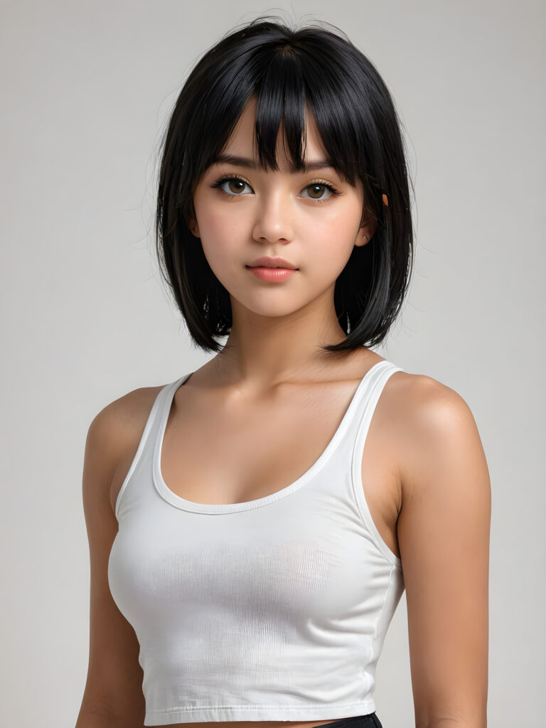 a beautifully realistic portrait from a teen girl, 15 years old, realistic detailed angelic round face, ((realistic detailed amber eye)) look at the camera, portrait shot, perfect curved body, (wears a super short tight (cropped tank top), perfect anatomy, white background, side perspective, ((cute)), (((shoulder length, straight soft obsidian-black hair, bangs))), ((stunning))