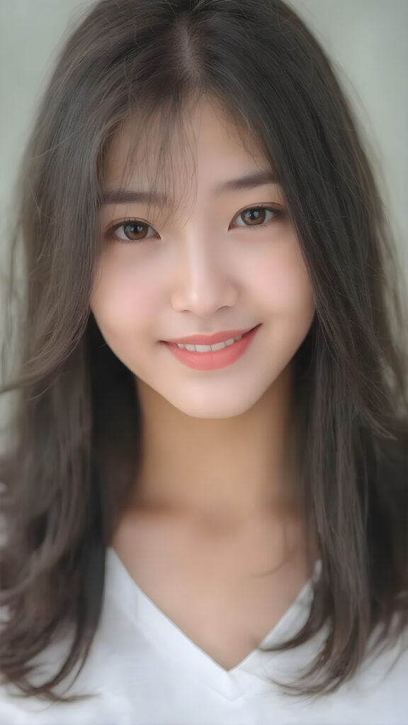 a beautifully realistic and detailed (((upper body portrait))), featuring a (((pretty young Korean teen girl))) with ((long soft straight jet black hair)), which flows gently in the wind, framing her delicate face. Her (((dark eyes))), with their distinctive light brown shade, exude a sense of youthful confidence. She's (((smiling sweetly))), with her lips painted in a natural hue that complements Korea's (tanned skin) and her ((looking directly into the camera)) for a high-quality image. (((She wears a short white t-shirt with a low V-neck))), which emphasizes her ((perfect anatomy)). The overall style is (((K-Drama inspired))), with ((natural-looking skin)) and ((beautiful lighting)), which gives off a sense of (natural confidence)