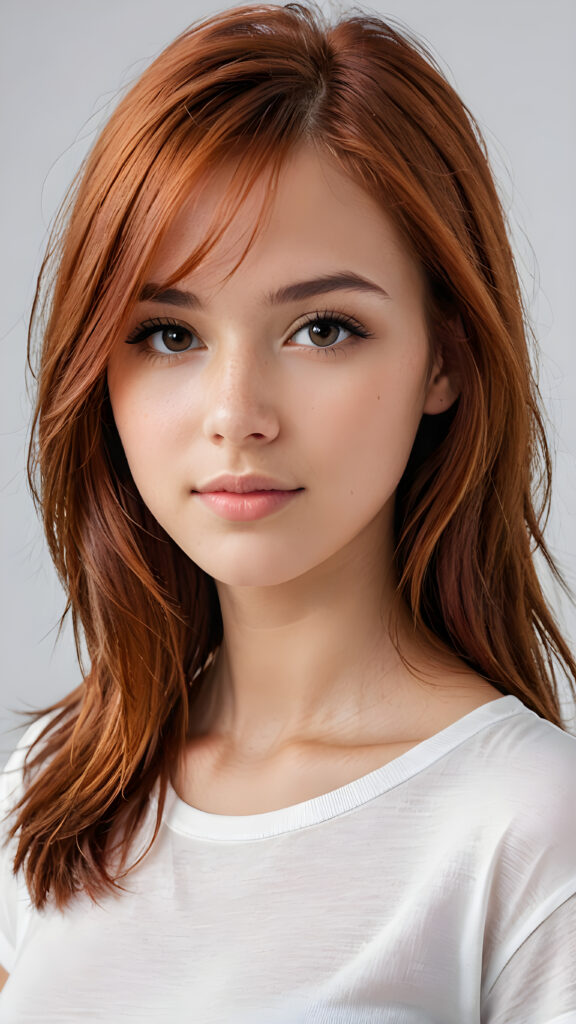 a beautifully realistic portrait, cinematic lights, Exotic teen girl, 15 years old, realistic detailed angelic round face, ((realistic detailed eye)) look at the camera, portrait shot, perfect curved body, (wears a super short tight (white t-shirt), perfect anatomy, white background, side perspective, ((cute)), ((elegant)), ((attractive)), (((long, straight soft copper-red hair))), ((stunning))