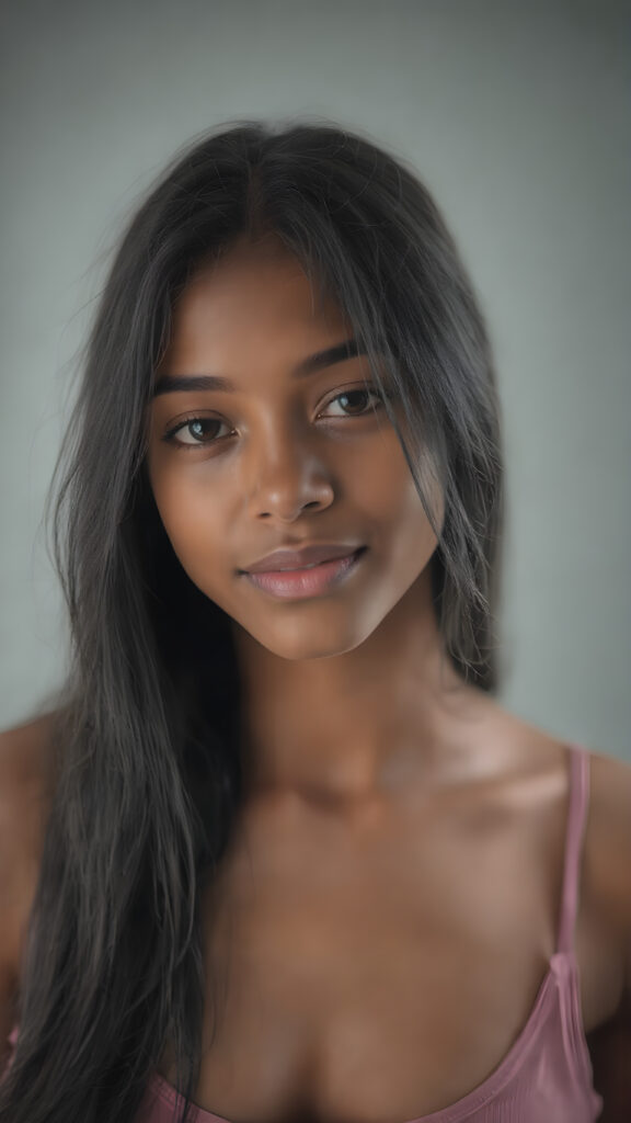 a beautifully realistic 15 years old brown-skinned teen girl, cinematic lights, ((long black flowing hair)), realistic detailed angelic round face, ((realistic detailed eye)) looks very happy at the camera, portrait shot, perfect curved body, ((super short form fitting low cut (tank top))), perfect anatomy