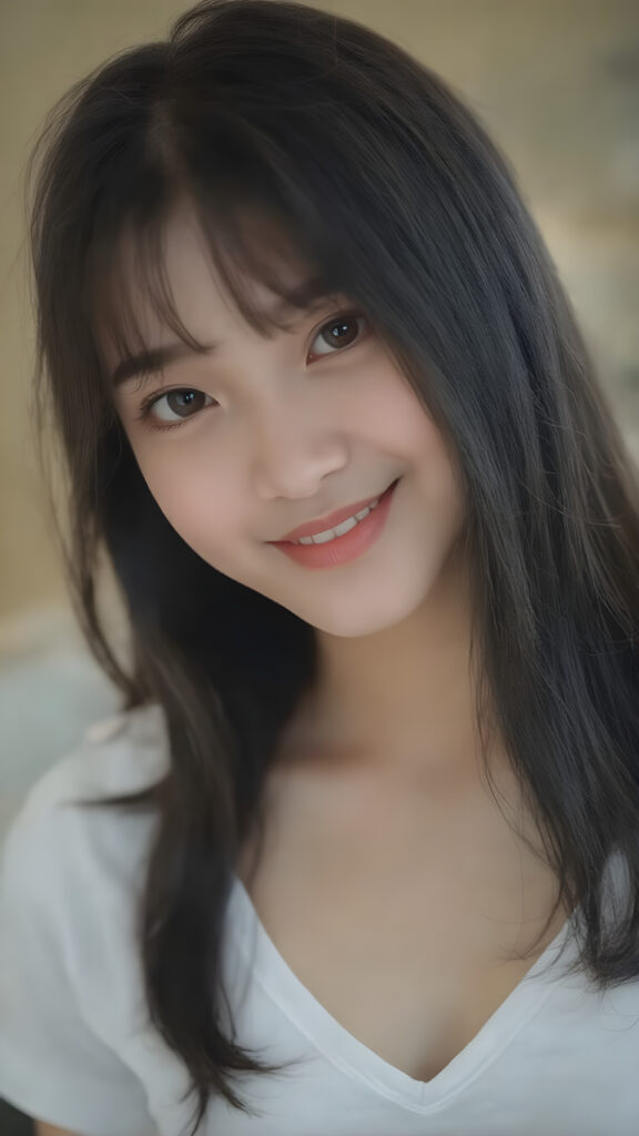 a beautifully realistic and detailed (((upper body portrait))), featuring a (((pretty young Korean teen girl))) with ((long soft straight jet black hair)), which flows gently in the wind, framing her delicate face. Her (((dark eyes))), with their distinctive light brown shade, exude a sense of youthful confidence. She's (((smiling sweetly))), with her lips painted in a natural hue that complements Korea's (tanned skin) and her ((looking directly into the camera)) for a high-quality image. (((She wears a short white t-shirt with a low V-neck))), which emphasizes her ((perfect anatomy)). The overall style is (((K-Drama inspired))), with ((natural-looking skin)) and ((beautiful lighting)), which gives off a sense of (natural confidence).