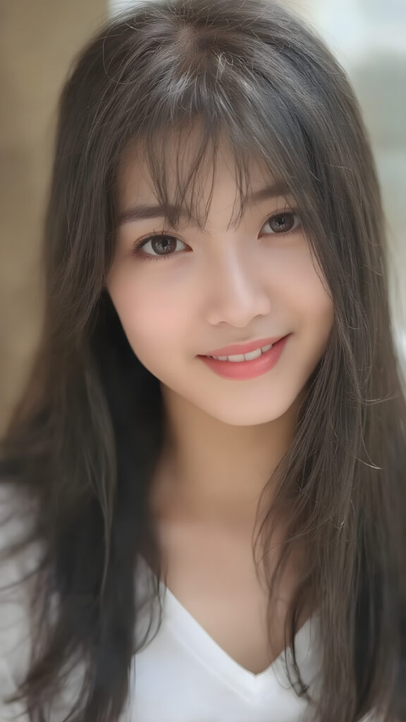 a beautifully realistic and detailed (((upper body portrait))), featuring a (((pretty young Korean teen girl))) with ((long soft straight jet black hair)), which flows gently in the wind, framing her delicate face. Her (((dark eyes))), with their distinctive light brown shade, exude a sense of youthful confidence. She's (((smiling sweetly))), with her lips painted in a natural hue that complements Korea's (tanned skin) and her ((looking directly into the camera)) for a high-quality image. (((She wears a short white t-shirt with a low V-neck))), which emphasizes her ((perfect anatomy)). The overall style is (((K-Drama inspired))), with ((natural-looking skin)) and ((beautiful lighting)), which gives off a sense of (natural confidence)