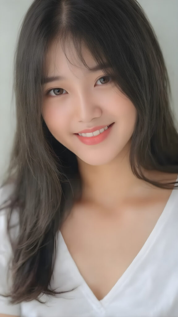 a beautifully realistic and detailed (((upper body portrait))), featuring a (((pretty young Korean teen girl))) with ((long soft straight jet black hair)), which flows gently in the wind, framing her delicate face. Her (((dark eyes))), with their distinctive light brown shade, exude a sense of youthful confidence. She's (((smiling sweetly))), with her lips painted in a natural hue that complements Korea's (tanned skin) and her ((looking directly into the camera)) for a high-quality image. (((She wears a short white t-shirt with a low V-neck))), which emphasizes her ((perfect anatomy)). The overall style is (((K-Drama inspired))), with ((natural-looking skin)) and ((beautiful lighting)), which gives off a sense of (natural confidence)