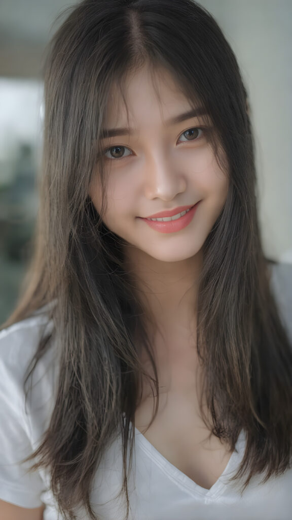 a beautifully realistic and detailed (((upper body portrait))), featuring a (((pretty young teen girl))) with ((long soft straight jet black hair)), which flows gently in the wind, framing her delicate face. Her (((dark eyes))), with their distinctive light brown shade, exude a sense of youthful confidence. She’s (((smiling sweetly))), with her lips painted in a natural hue that complements Korea’s (tanned skin) and her ((looking directly into the camera)) for a high-quality image. (((She wears a short white t-shirt with a low V-neck))), which emphasizes her ((perfect anatomy)). The overall style is (((K-Drama inspired))), with ((natural-looking skin)) and ((beautiful lighting)), which gives off a sense of (natural confidence).