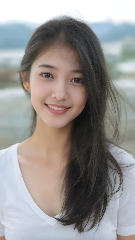 a beautifully realistic and detailed (((upper body portrait))), featuring a (((pretty young Korean teen girl))) with ((long soft straight jet black hair)), which flows gently in the wind, framing her delicate face. Her (((dark eyes))), with their distinctive light brown shade, exude a sense of youthful confidence. She's (((smiling sweetly))), with her lips painted in a natural hue that complements Korea's (tanned skin) and her ((looking directly into the camera)) for a high-quality image. (((She wears a short white t-shirt with a low V-neck))), which emphasizes her ((perfect anatomy)). The overall style is (((K-Drama inspired))), with ((natural-looking skin)) and ((beautiful lighting)), which gives off a sense of (natural confidence)