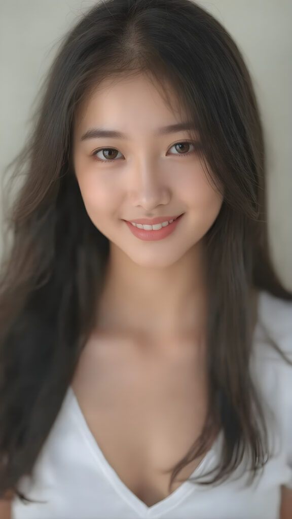 a beautifully realistic and detailed (((upper body portrait))), featuring a (((pretty young Korean teen girl))) with ((long soft straight jet black hair)), which flows gently in the wind, framing her delicate face. Her (((dark eyes))), with their distinctive light brown shade, exude a sense of youthful confidence. She's (((smiling sweetly))), with her lips painted in a natural hue that complements Korea's (tanned skin) and her ((looking directly into the camera)) for a high-quality image. (((She wears a short white t-shirt with a low V-neck))), which emphasizes her ((perfect anatomy)). The overall style is (((K-Drama inspired))), with ((natural-looking skin)) and ((beautiful lighting)), which gives off a sense of (natural confidence).