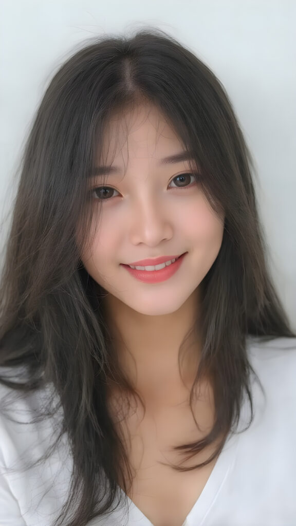 a beautifully realistic and detailed (((upper body portrait))), featuring a (((pretty young Korean teen girl))) with ((long soft straight jet black hair)), which flows gently in the wind, framing her delicate face. Her (((dark eyes))), with their distinctive light brown shade, exude a sense of youthful confidence. She's (((smiling sweetly))), with her lips painted in a natural hue that complements Korea's (tanned skin) and her ((looking directly into the camera)) for a high-quality image. (((She wears a short white t-shirt with a low V-neck))), which emphasizes her ((perfect anatomy)). The overall style is (((K-Drama inspired))), with ((natural-looking skin)) and ((beautiful lighting)), which gives off a sense of (natural confidence)