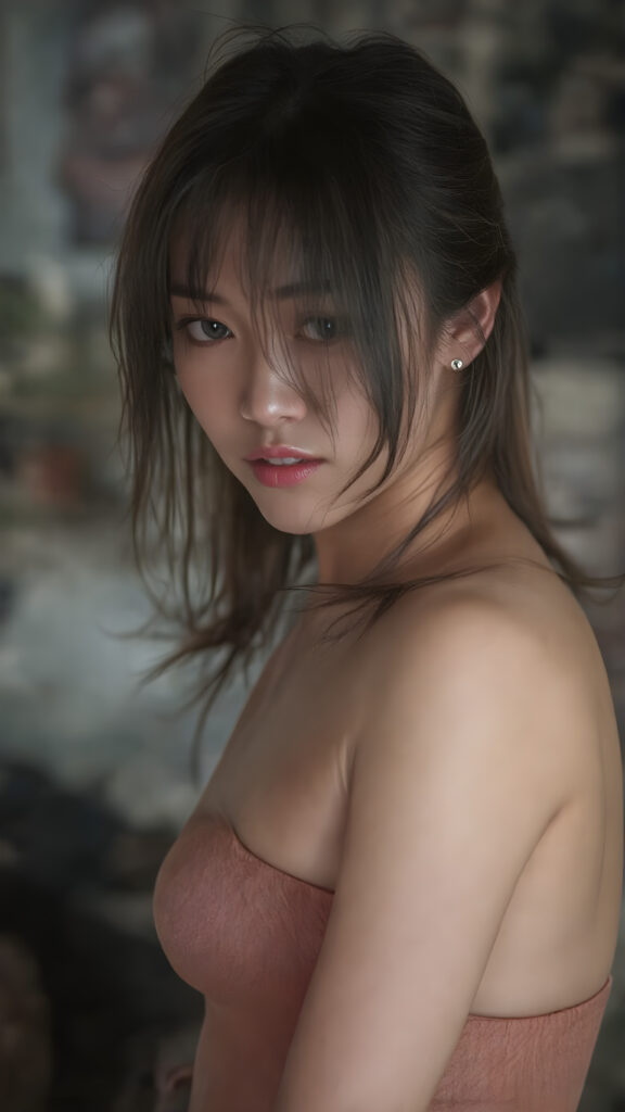 a beautifully realistic and detailed photo from a (((super realistic Japanese girl))), with a curvy figure and intricate details, dressed in a (((super short, tight tank top))), poised in a playfully confident pose, with long, flowing hair and striking, perfectly detailed eyes