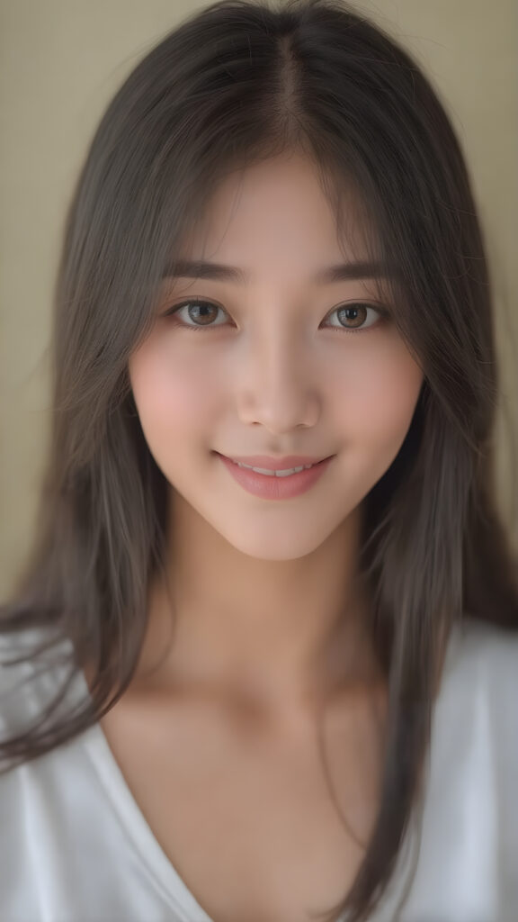 a beautifully realistic and detailed (((upper body portrait))), featuring a (((pretty young Korean teen girl))) with ((long soft straight jet black hair)), which flows gently in the wind, framing her delicate face. Her (((dark eyes))), with their distinctive light brown shade, exude a sense of youthful confidence. She's (((smiling sweetly))), with her lips painted in a natural hue that complements Korea's (tanned skin) and her ((looking directly into the camera)) for a high-quality image. (((She wears a short white t-shirt with a low V-neck))), which emphasizes her ((perfect anatomy)). The overall style is (((K-Drama inspired))), with ((natural-looking skin)) and ((beautiful lighting)), which gives off a sense of (natural confidence).