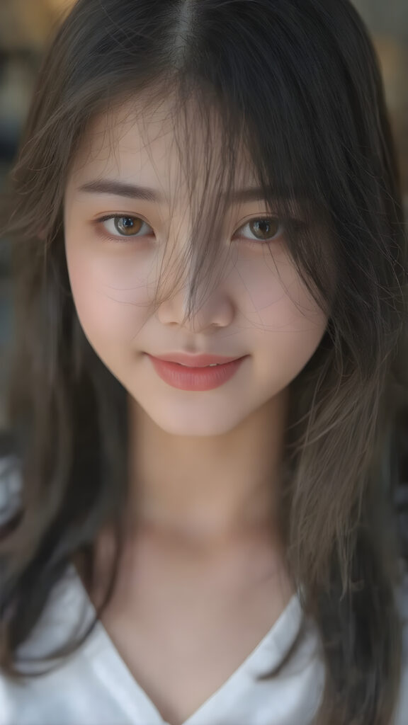 a beautifully realistic and detailed (((upper body portrait))), featuring a (((pretty young Korean teen girl))) with ((long soft straight jet black hair)), which flows gently in the wind, framing her delicate face. Her (((dark eyes))), with their distinctive light brown shade, exude a sense of youthful confidence. She's (((smiling sweetly))), with her lips painted in a natural hue that complements Korea's (tanned skin) and her ((looking directly into the camera)) for a high-quality image. (((She wears a short white t-shirt with a low V-neck))), which emphasizes her ((perfect anatomy)). The overall style is (((K-Drama inspired))), with ((natural-looking skin)) and ((beautiful lighting)), which gives off a sense of (natural confidence).