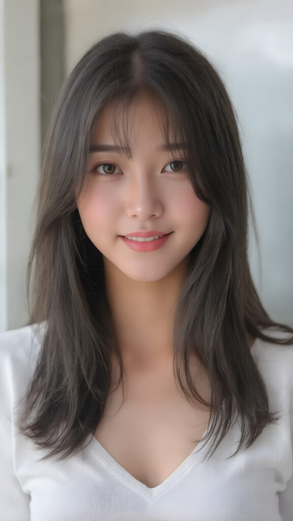 a beautifully realistic and detailed (((upper body portrait))), featuring a (((pretty young Korean teen girl))) with ((long soft straight jet black hair)), which flows gently in the wind, framing her delicate face. Her (((dark eyes))), with their distinctive light brown shade, exude a sense of youthful confidence. She's (((smiling sweetly))), with her lips painted in a natural hue that complements Korea's (tanned skin) and her ((looking directly into the camera)) for a high-quality image. (((She wears a short white t-shirt with a low V-neck))), which emphasizes her ((perfect anatomy)). The overall style is (((K-Drama inspired))), with ((natural-looking skin)) and ((beautiful lighting)), which gives off a sense of (natural confidence).