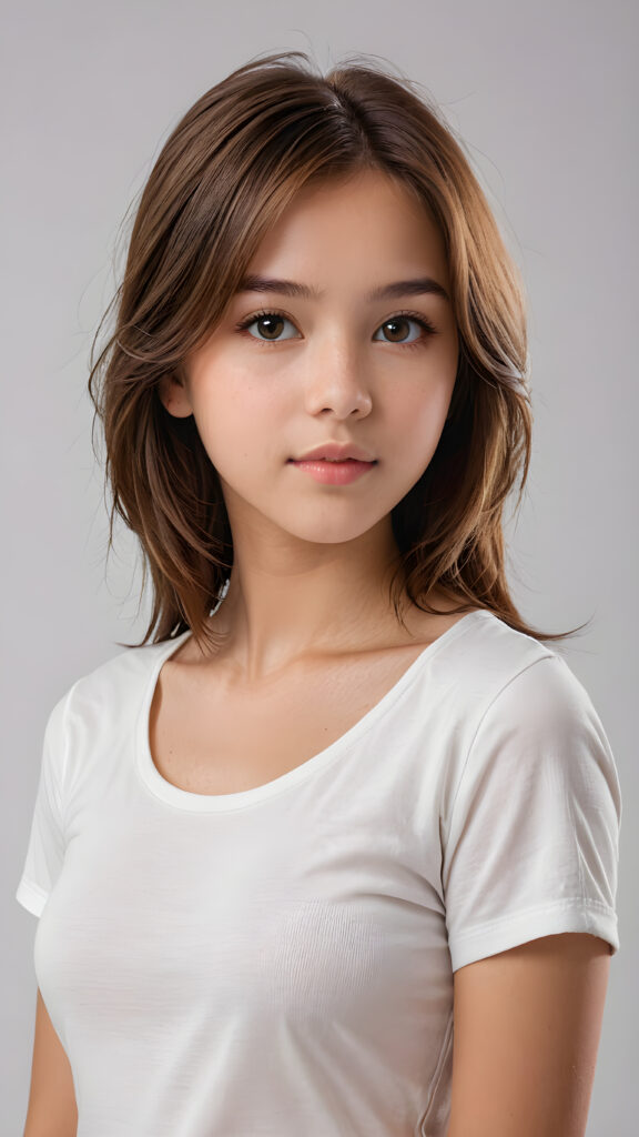 a beautifully realistic portrait, cinematic lights, Exotic teen girl, 13 years old, realistic detailed angelic round face, ((realistic detailed eye)) look at the camera, portrait shot, perfect curved body, (wears a super short tight (white t-shirt), perfect anatomy, white background, side perspective, ((cute)), ((elegant)), ((attractive)), (((long, straight soft brown hair))), ((stunning))