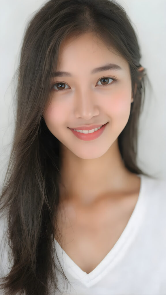 a beautifully realistic and detailed (((upper body portrait))), featuring a (((pretty young Korean teen girl))) with ((long soft straight jet black hair)), which flows gently in the wind, framing her delicate face. Her (((dark eyes))), with their distinctive light brown shade, exude a sense of youthful confidence. She's (((smiling sweetly))), with her lips painted in a natural hue that complements Korea's (tanned skin) and her ((looking directly into the camera)) for a high-quality image. (((She wears a short white t-shirt with a low V-neck))), which emphasizes her ((perfect anatomy)). The overall style is (((K-Drama inspired))), with ((natural-looking skin)) and ((beautiful lighting)), which gives off a sense of (natural confidence)