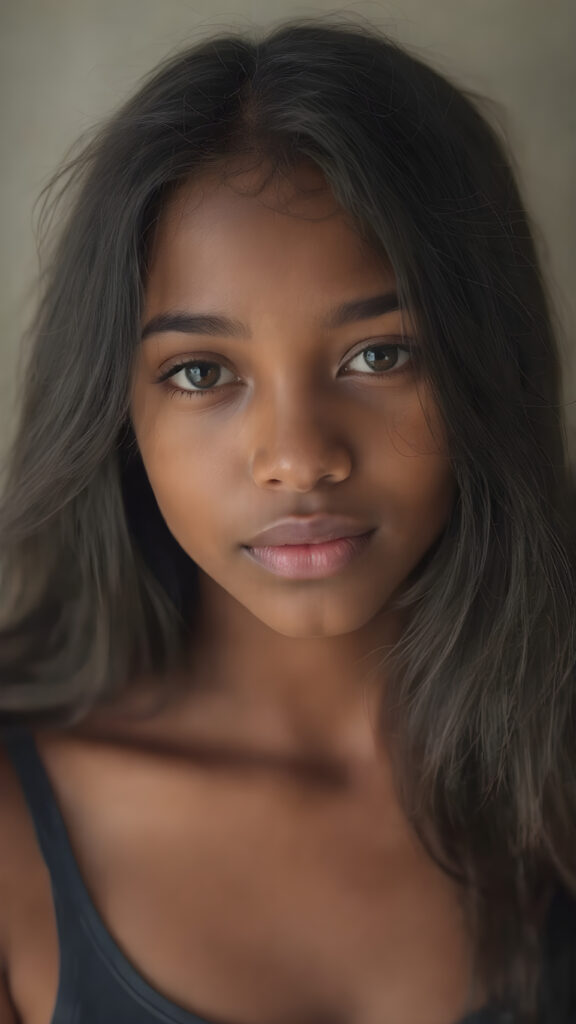 a beautifully realistic 15 years old brown-skinned teen girl, cinematic lights, ((long black flowing hair)), realistic detailed angelic round face, ((realistic detailed eye)) looks very happy at the camera, portrait shot, perfect curved body, ((super short form fitting low cut (tank top))), perfect anatomy