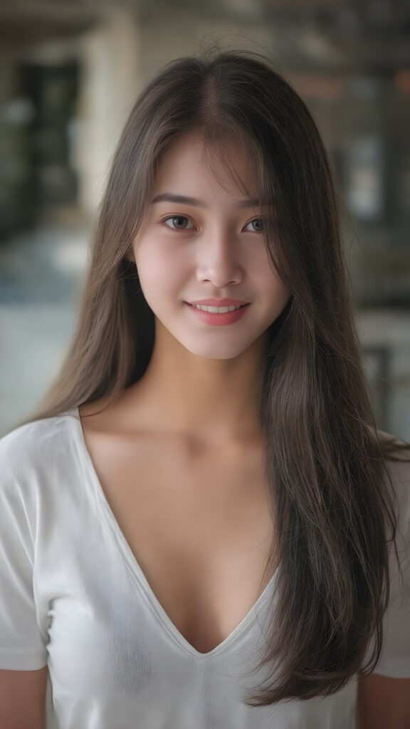 a beautifully realistic and detailed (((upper body portrait))), featuring a (((pretty young teen girl))) with ((long soft straight jet black hair)), which flows gently in the wind, framing her delicate face. Her (((dark eyes))), with their distinctive light brown shade, exude a sense of youthful confidence. She’s (((smiling sweetly))), with her lips painted in a natural hue that complements Korea’s (tanned skin) and her ((looking directly into the camera)) for a high-quality image. (((She wears a short white t-shirt with a low V-neck))), which emphasizes her ((perfect anatomy)). The overall style is (((K-Drama inspired))), with ((natural-looking skin)) and ((beautiful lighting)), which gives off a sense of (natural confidence).