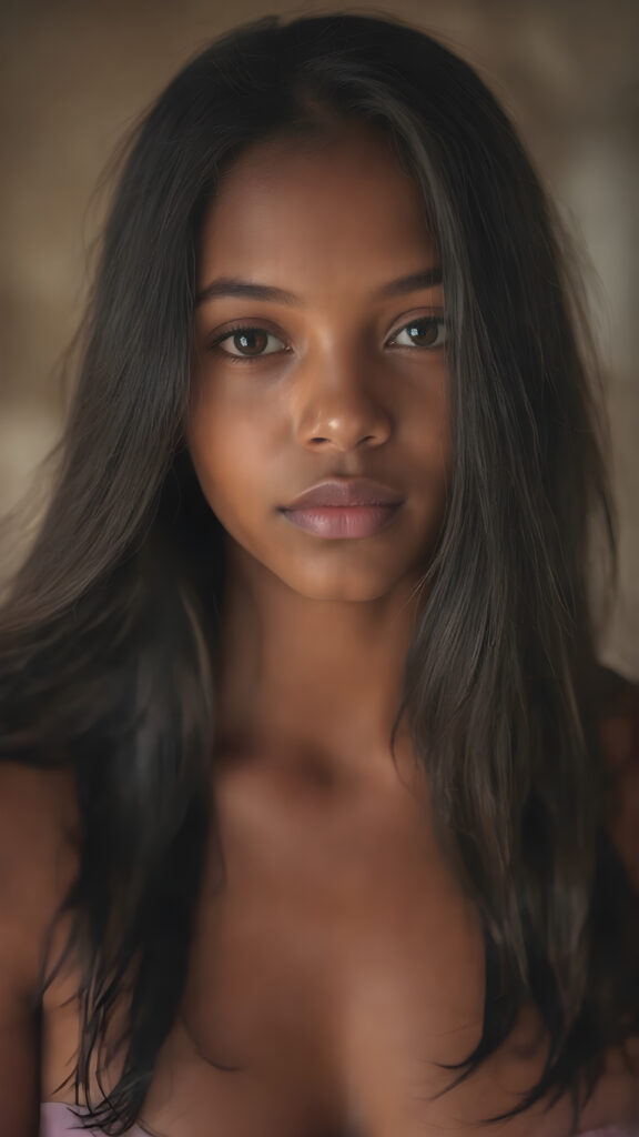 a beautifully realistic 15 years old brown-skinned teen girl, cinematic lights, ((long black flowing hair)), realistic detailed angelic round face, ((realistic detailed eye)) looks very happy at the camera, portrait shot, perfect curved body, ((super short form fitting low cut (tank top))), perfect anatomy