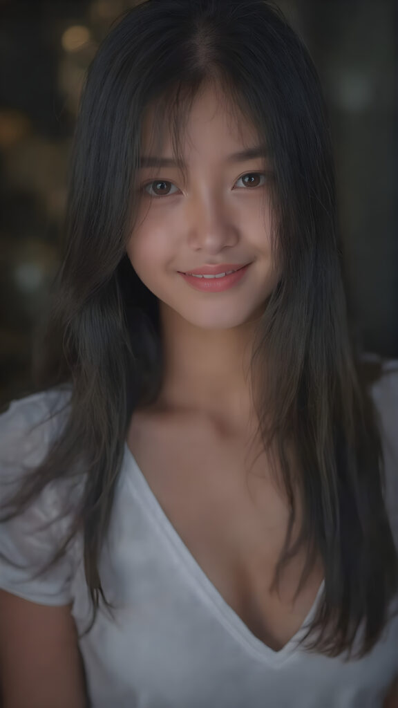 a beautifully realistic and detailed (((upper body portrait))), featuring a (((pretty young teen girl))) with ((long soft straight jet black hair)), which flows gently in the wind, framing her delicate face. Her (((dark eyes))), with their distinctive light brown shade, exude a sense of youthful confidence. She’s (((smiling sweetly))), with her lips painted in a natural hue that complements Korea’s (tanned skin) and her ((looking directly into the camera)) for a high-quality image. (((She wears a short white t-shirt with a low V-neck))), which emphasizes her ((perfect anatomy)). The overall style is (((K-Drama inspired))), with ((natural-looking skin)) and ((beautiful lighting)), which gives off a sense of (natural confidence).