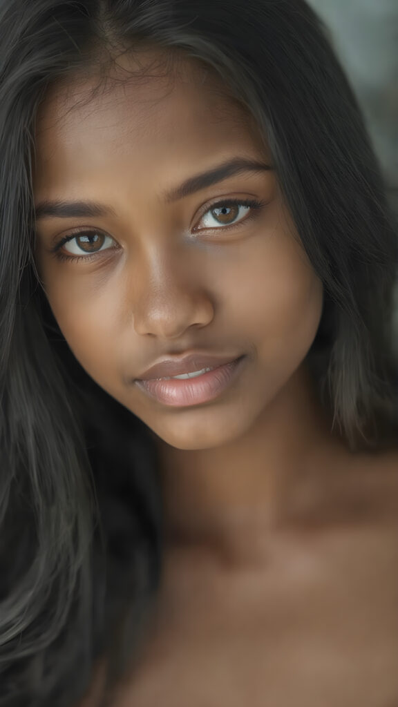 a beautifully realistic 15 years old brown-skinned teen girl, cinematic lights, ((long black flowing hair)), realistic detailed angelic round face, ((realistic detailed eye)) looks very happy at the camera, portrait shot, perfect curved body, ((super short form fitting low cut (tank top))), perfect anatomy