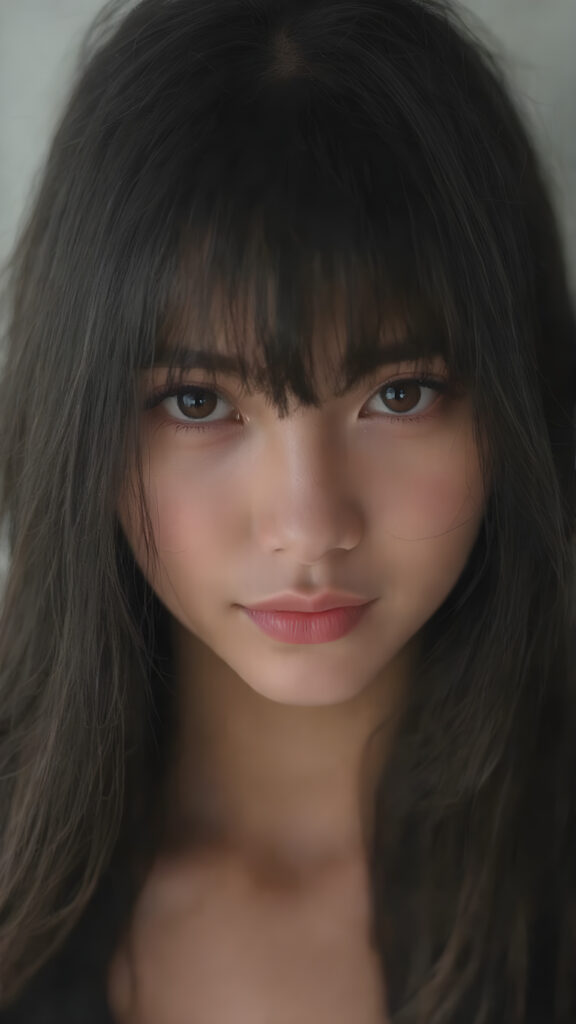 a beautifully snapshot, highlighting the intricate details of a (((straight, thick, and slightly wavy black hair, bangs cut))) paired with (((black eyes))), dressed in a (((black, cropped top))), accessorized with (((pale skin))). (The Filipino girl) exudes an air of (((extreme youthful beauty))), with (((extremely long, flowing straight hair))), which cascades down in a (((swirling vortex))), accompanied by (((a whimsically playful smile))) that gives off a (((subtle yet inviting vibe))). The overall atmosphere is (((extremely advanced and hyper realistic))), with (((the girl's skin))), which has (((extensive, hyper realistic detail)))