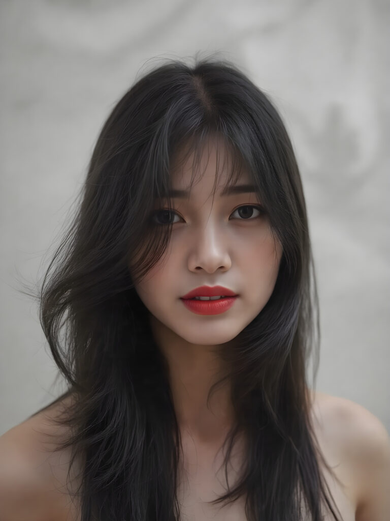 a (((black and white photograph))), vividly contrasted by splashes of (((red lip color))), representing a (((full-body capture))) of a (((beautiful young Asian girl, long black hair))) with an (((ultra realistic, intricate details))) that defy the laws of physics, with a (((dynamic advanced lighting system))) that brings out the extreme details, composited against a (((natural, grainy backdrop))), emulating a hyper-realistic, advanced photography