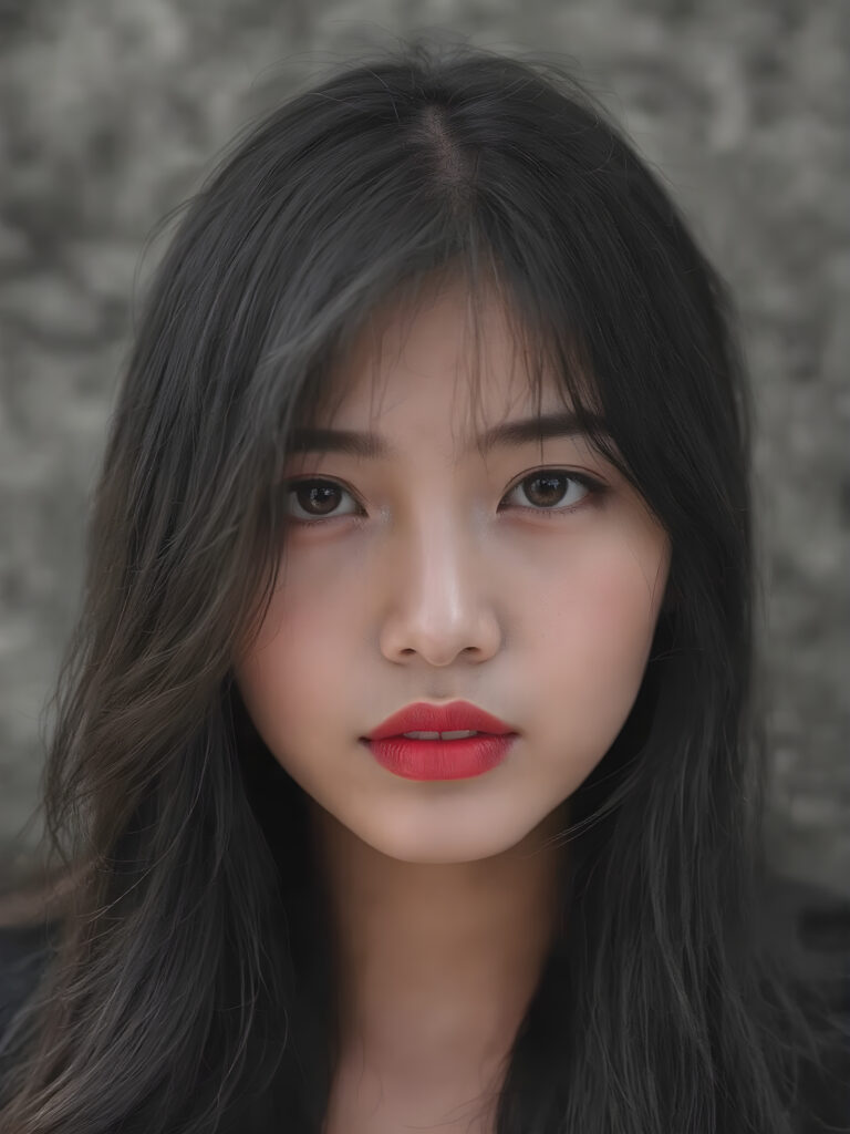 a (((black and white photograph))), vividly contrasted by splashes of (((red lip color))), representing a (((full-body capture))) of a (((beautiful young Asian girl, long black hair))) with an (((ultra realistic, intricate details))) that defy the laws of physics, with a (((dynamic advanced lighting system))) that brings out the extreme details, composited against a (((natural, grainy backdrop))), emulating a hyper-realistic, advanced photography