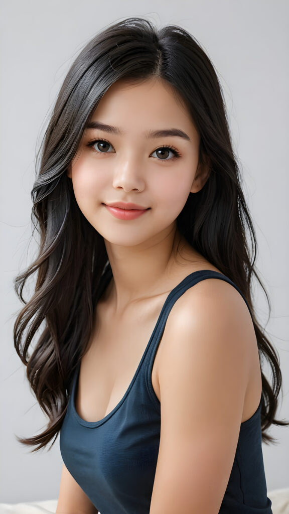 a (((breathtakingly realistic portrait))) capturing the essence of a cute youthful teen girl, 15 years old, warm smile, with a flawlessly proportioned upper body, perfect curved fit body, ((straight, long, soft obsidian black hair)), flawless, beautiful smooth skin, round angelic face with full kissable lips, wearing a thin and super sleek tank top, poised confidently against a (((white canvas background)))