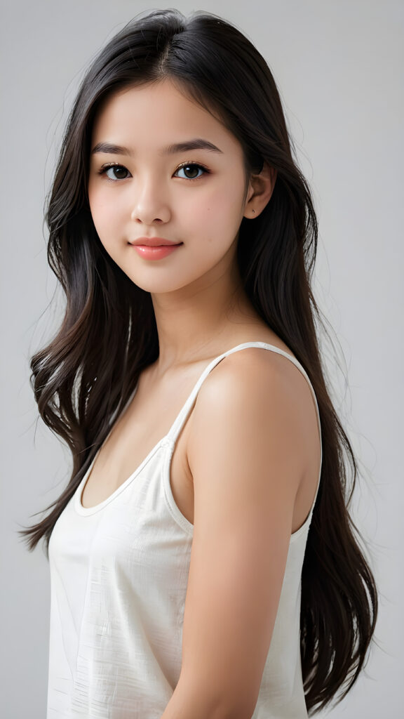 a (((breathtakingly realistic portrait))) capturing the essence of a cute youthful teen girl, 15 years old, warm smile, with a flawlessly proportioned upper body, perfect curved fit body, ((straight, long, soft obsidian black hair)), flawless, beautiful smooth skin, round angelic face with full kissable lips, wearing a thin and super sleek tank top, poised confidently against a (((white canvas background)))