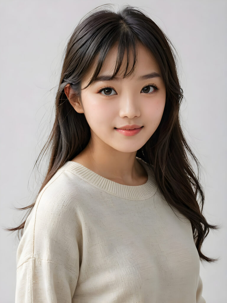 a (((breathtakingly realistic portrait))) capturing the essence of a cute youthful Korean teen girl, 15 years old, warm smile, with a flawlessly proportioned upper body, perfect curved fit body, straight, long, soft obsidian black hair in bangs cut, flawless, beautiful smooth skin, round angelic face with full kissable lips, wearing a thin and super sleek wool sweater, light blue eyes, poised confidently against a (((white canvas background)))