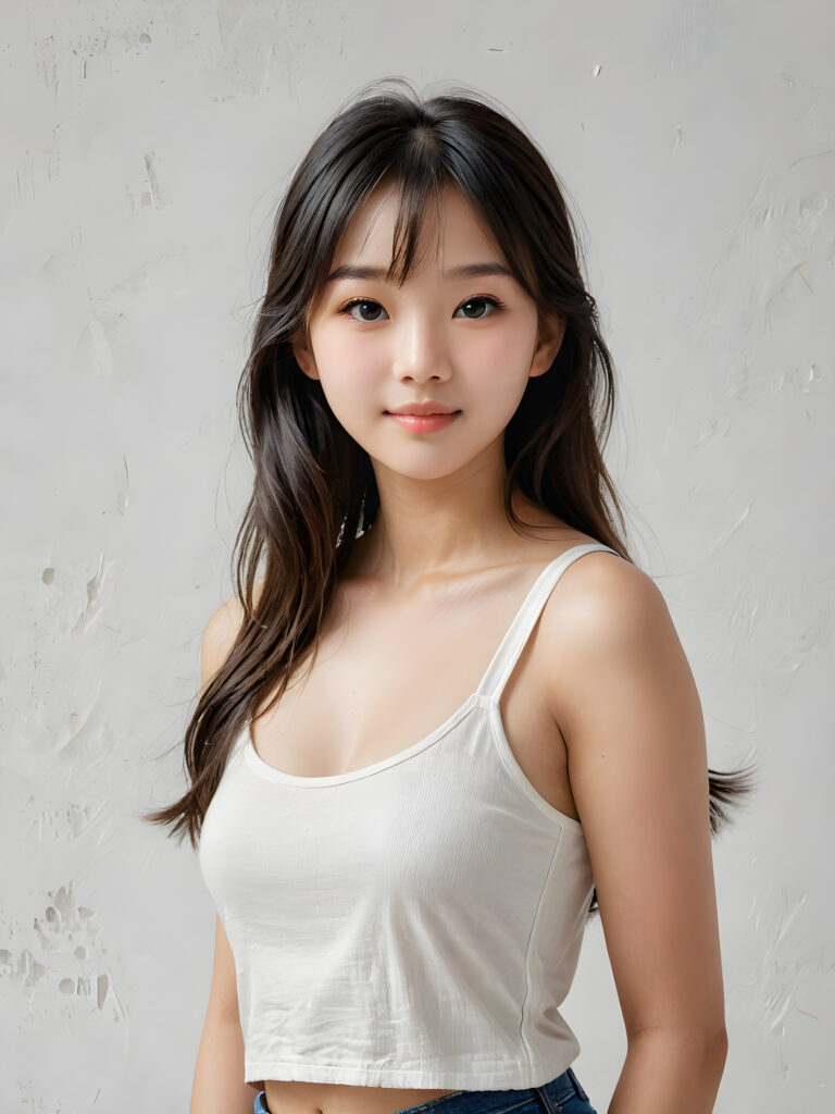 a (((breathtakingly realistic portrait))) capturing the essence of a cute youthful Korean teen girl, 15 years old, warm smile, with a flawlessly proportioned upper body, perfect curved fit body, straight, long, soft black hair in bangs cut, flawless, beautiful smooth skin, round angelic face with full kissable lips, wearing a thin and super sleek tank top, poised confidently against a (((white canvas background)))