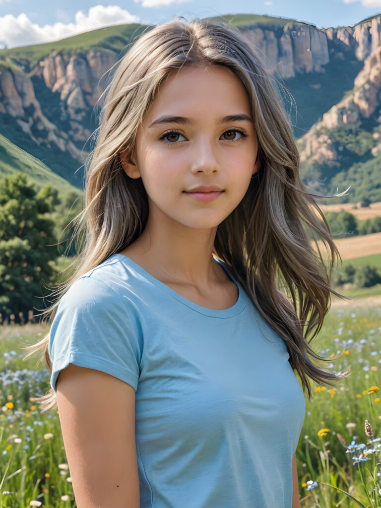 a (((breathtakingly realistic upper-body photo))) capturing a (((teenage girl))) wearing a (((light blue t-shirt))), with long, soft, ash-gray hair and a (serene meadow as the backdrop) ((view from the side))